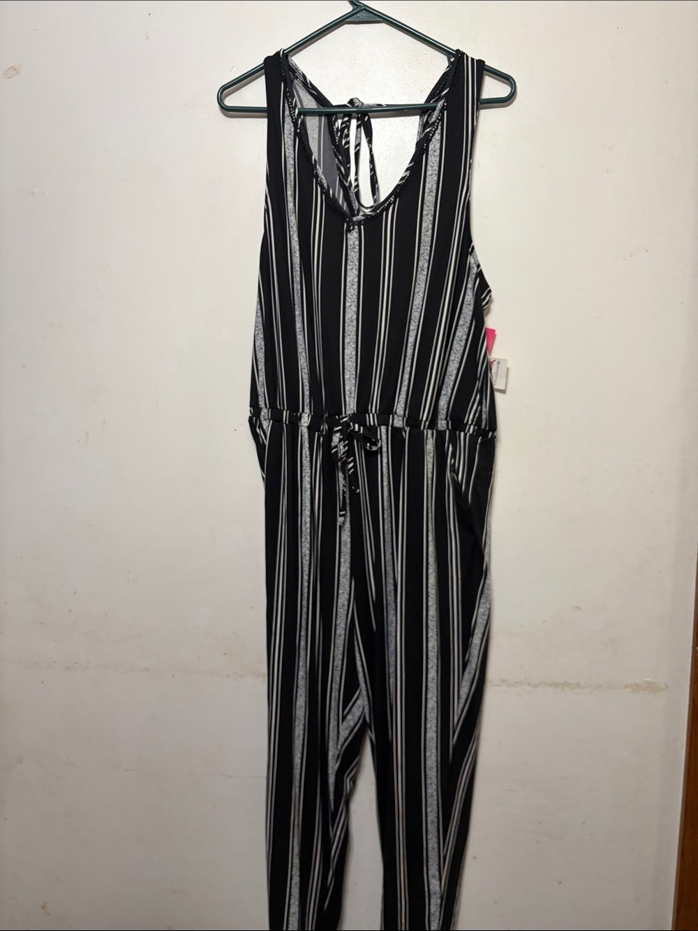 shosho Black and White Vertical Stripe Sleeveless Jumpsuit with Tie Back